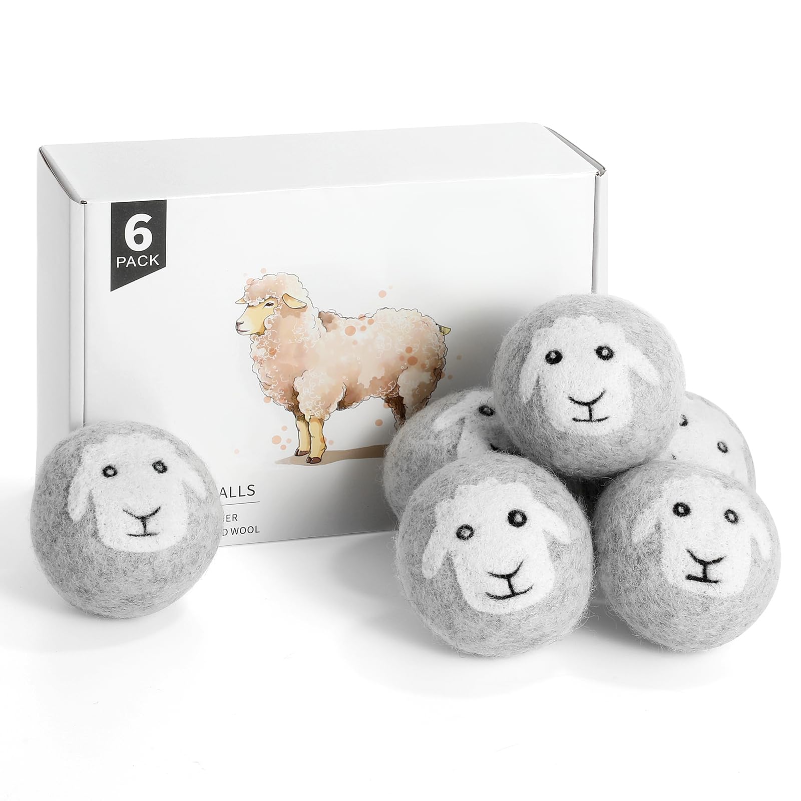 Wool Dryer Balls 6 Pack, Natural Fabric Softener, Dryer Balls Laundry Reusable, Reduces Clothing Wrinkles and Saves Drying Time (Gray)