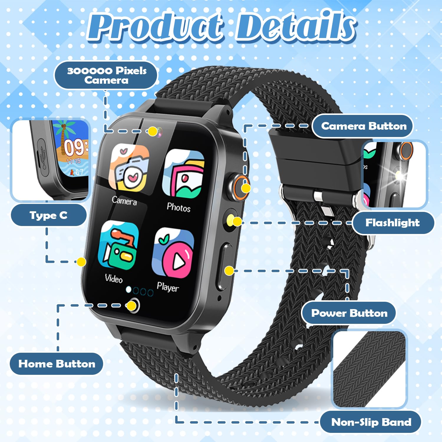 Tywop Reloj inteligente para niños y niñas de 3 a 12 años con 26 juegos de rompecabezas, cámara de video HD, pantalla táctil, reproductor de música, tarjetas de aprendizaje, libro de cuentos,