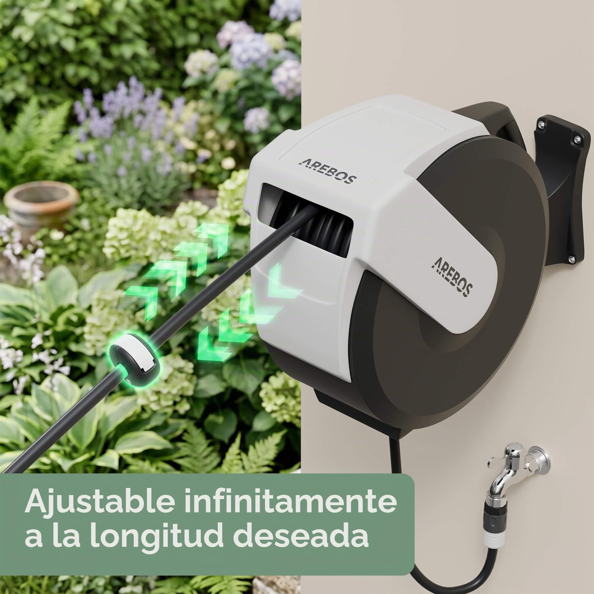 Arebos Enrollador de Manguera 25 m Automático | Carrete de Manguera con Soporte de Pared | Manguera Multicapa | Giratorio 180° | Función de Bloqueo | 7 Modos de Riego
