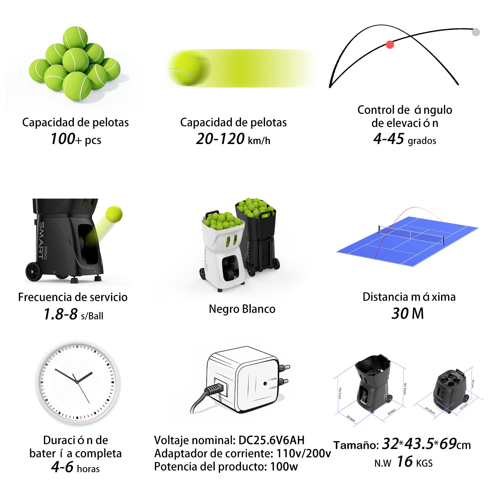 PUSUN PT-Smart Pro Máquina Lanzapelotas de Tenis Profesional Control App Remoto 12 Modos Entrenamiento 4-6 Horas Batería