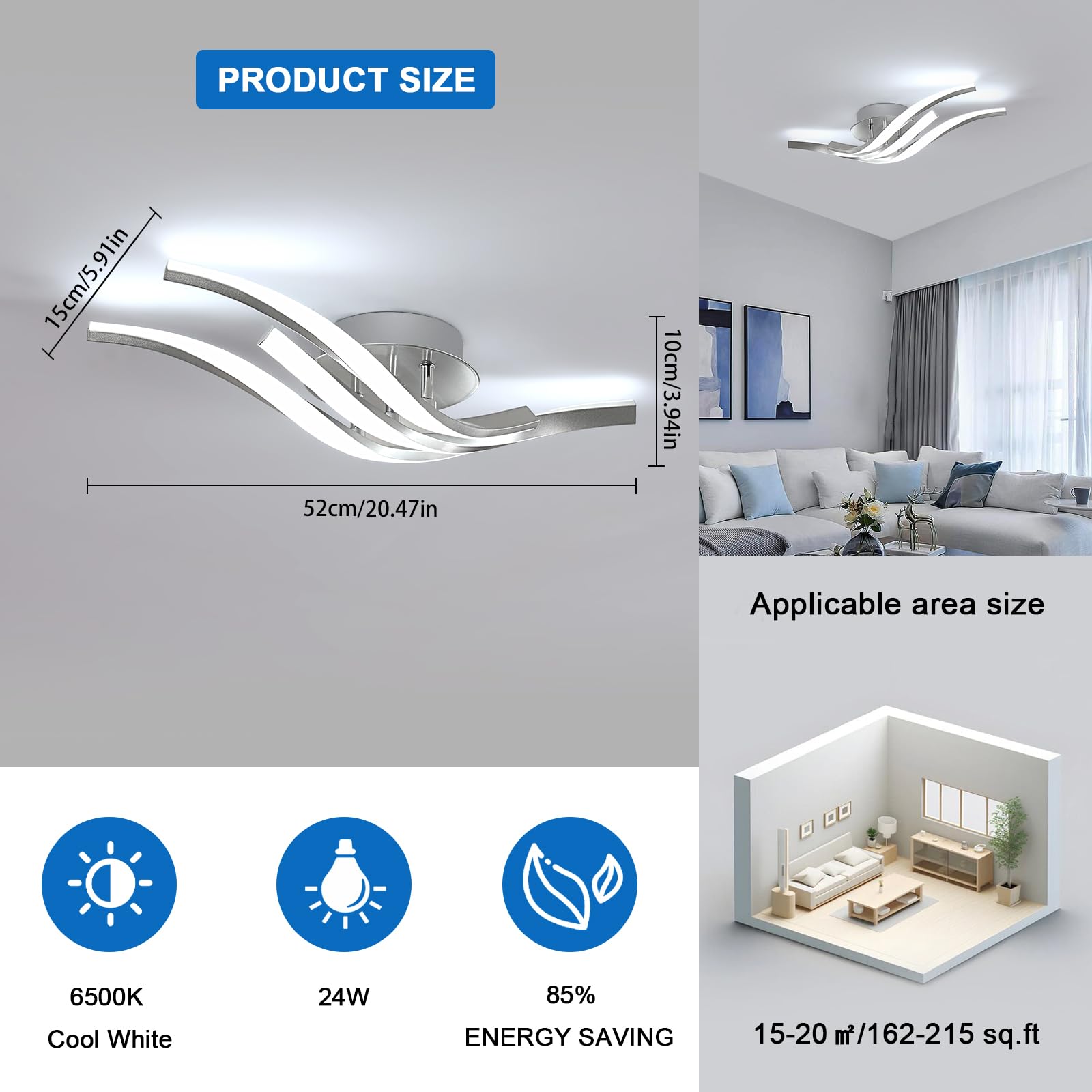 Dorlink Lampara Techo LED 3 Luces, Lampara Techo Dormitorio, Plafon LED Techo 6500K Blanco Frío, 24W 1920LM Lamparas de Techo Salón Plata, Lamparas Techo para Cocina, Comedor, 52CM