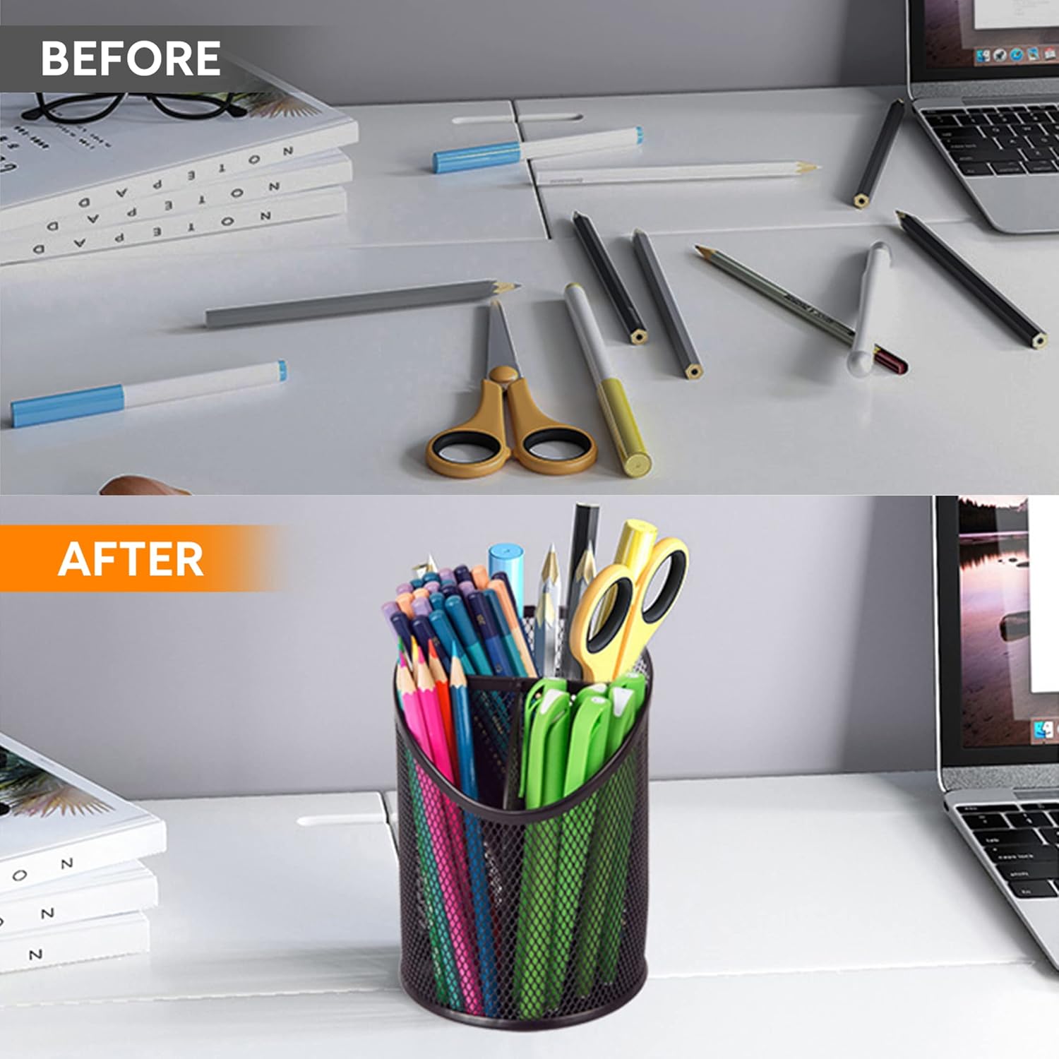 3 Compartments Pen Holder for Desk Mesh Round Pencil holder Organizer Cup Classroom Organization, 2 Pack : Office Products