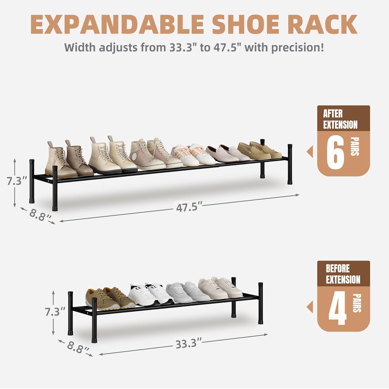 storage maniac long expandable shoe rack, 6 pairs metal wide stackable shoe rack, adjustable shoes shelf, freestanding shoes organizer for closet, entryway, hallway, garage, front door, 1 tier black 1-tier