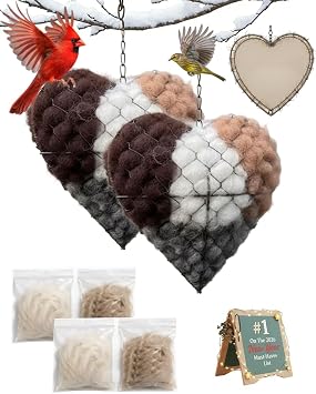 Handmade Alpaca Fiber Bird Nesting Heart, Winter Tree Shelter for Wild Bird, Birds Nests Material Holder, Hummingbird Houses Nest Boxes for Outside Garden Art Birdhouse, Gifts for Birds Lovers2PCS