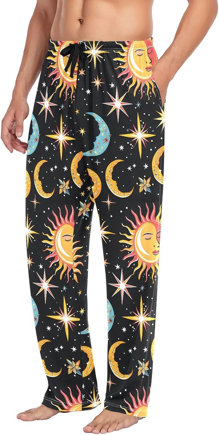 ALAZA Sun Moon Star Starry Sky Cartoon Men's Pajama Pants Men Cotton Pajama Bottoms with Pockets, S
