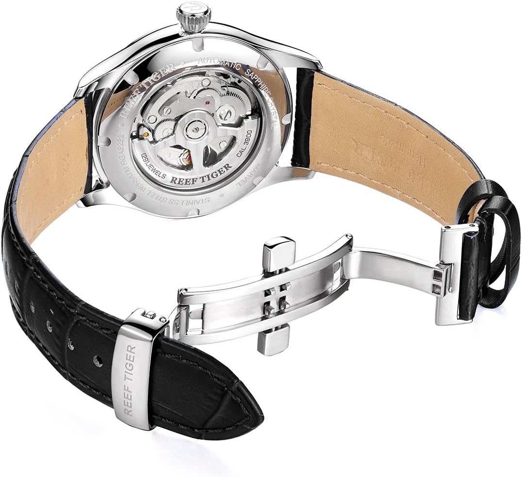REEF TIGER Stainless Steel Automatic Watches Men's Leather Strap Dress Watch Date Day RGA8232