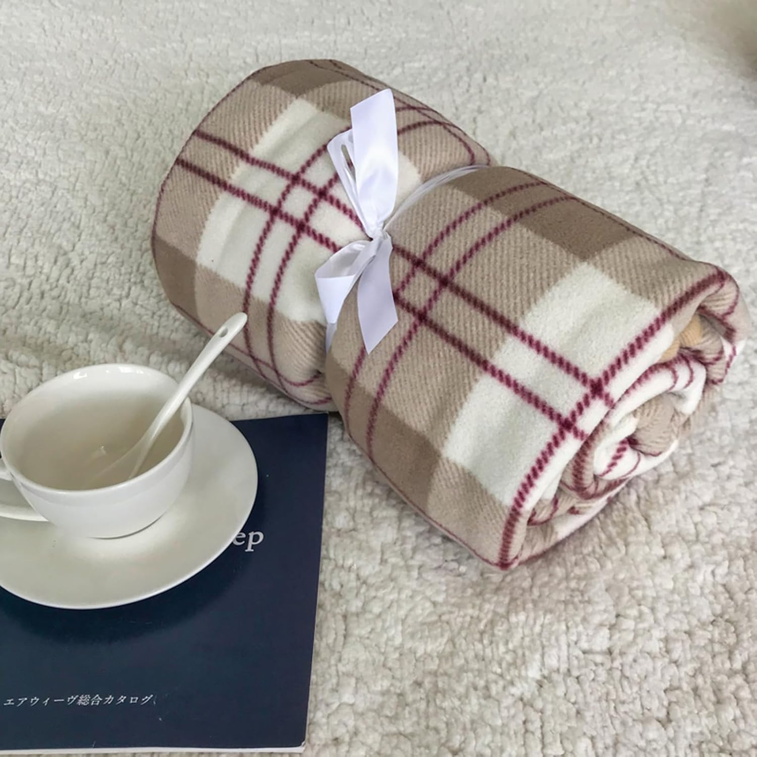 forestfish Fleece Wearable Blanket, Plaid Lap Blanket Comfy Poncho Throw with Buttons for Bed Sofa Office, Brown-White - Image 5