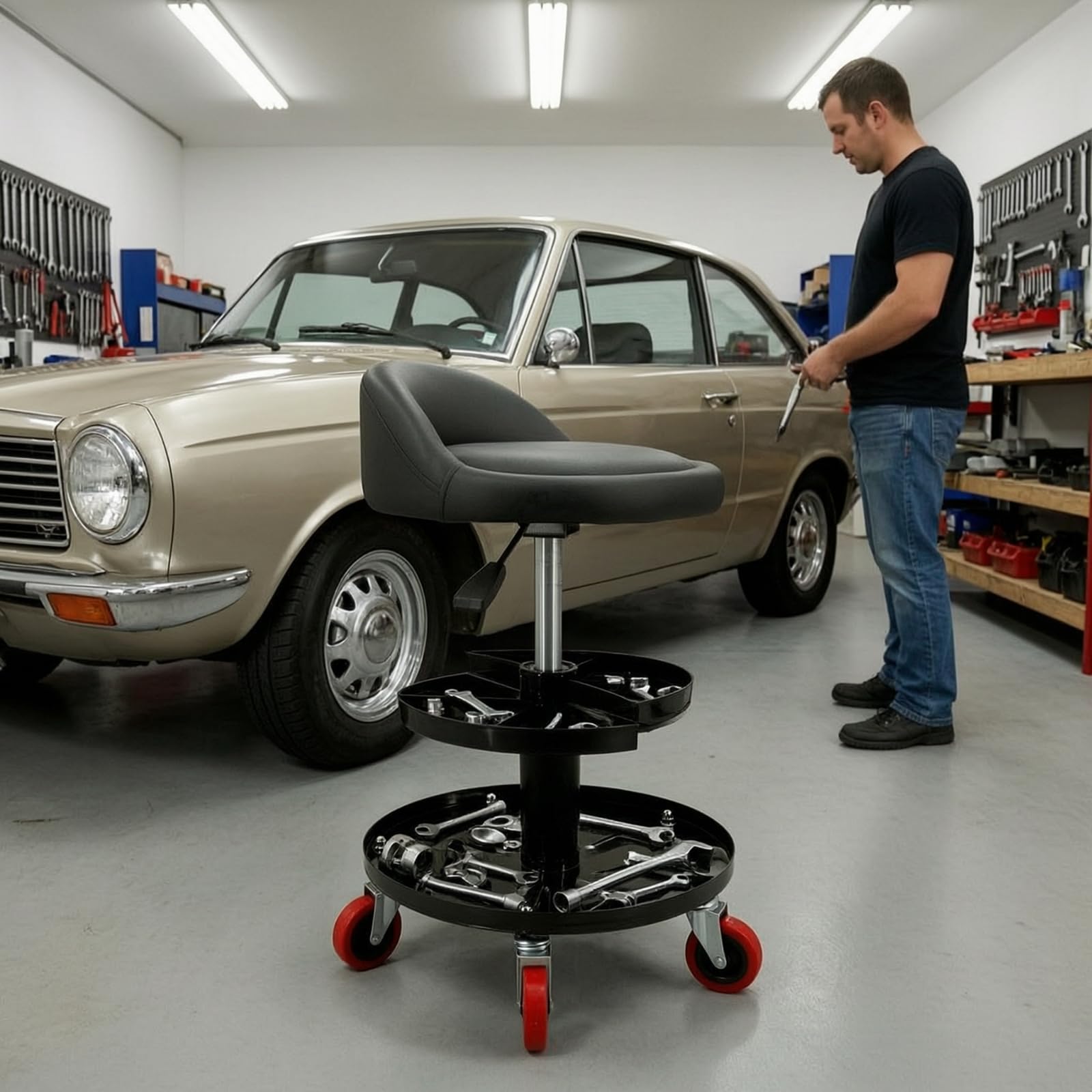 Taburete Taller con Banja Móvil Taburete con Ruedas Resistente Asiento Taller Respaldo para Garaje