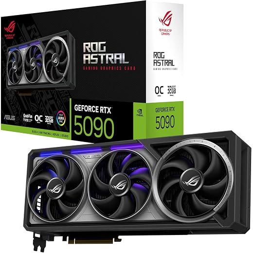 ASUS ROG Astral NVIDIA GeForce RTX 5090 32GB GDDR7 OC Edition Gaming Graphics Card (PCIe 5.0, HDMI/DP 2.1, 3.8-Slot, 4-Fan Design, Axial-tech Fans, Patented Vapor Chamber), 3 Year Warranty