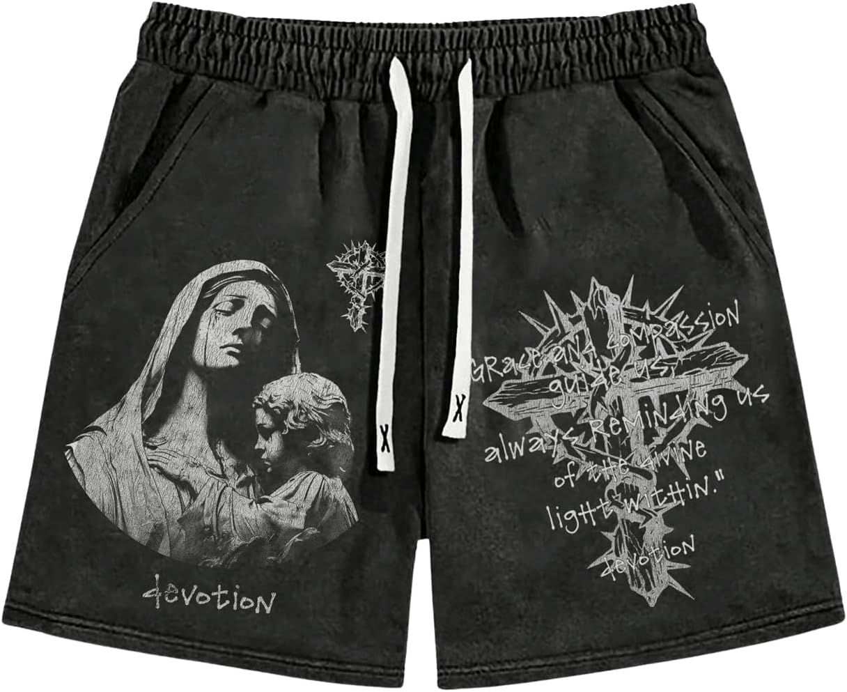 VIPWOLF Men's Graphic Shorts Drawstring Waist Figue Print Vintage Denim Shorts Streetwear Jorts