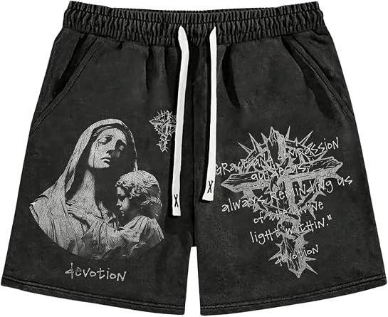 VIPWOLF Mens Graphic Shorts Drawstring Waist Figue Print Vintage Denim Shorts Streetwear Jorts