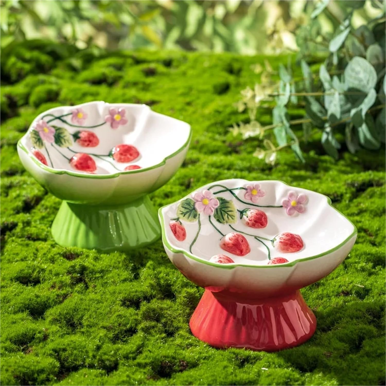 1pc Pet Ceramic Strawberry Slow Food Bowl High Foot Design Anti Choking Anti Tipping Cat Bowl(Green)