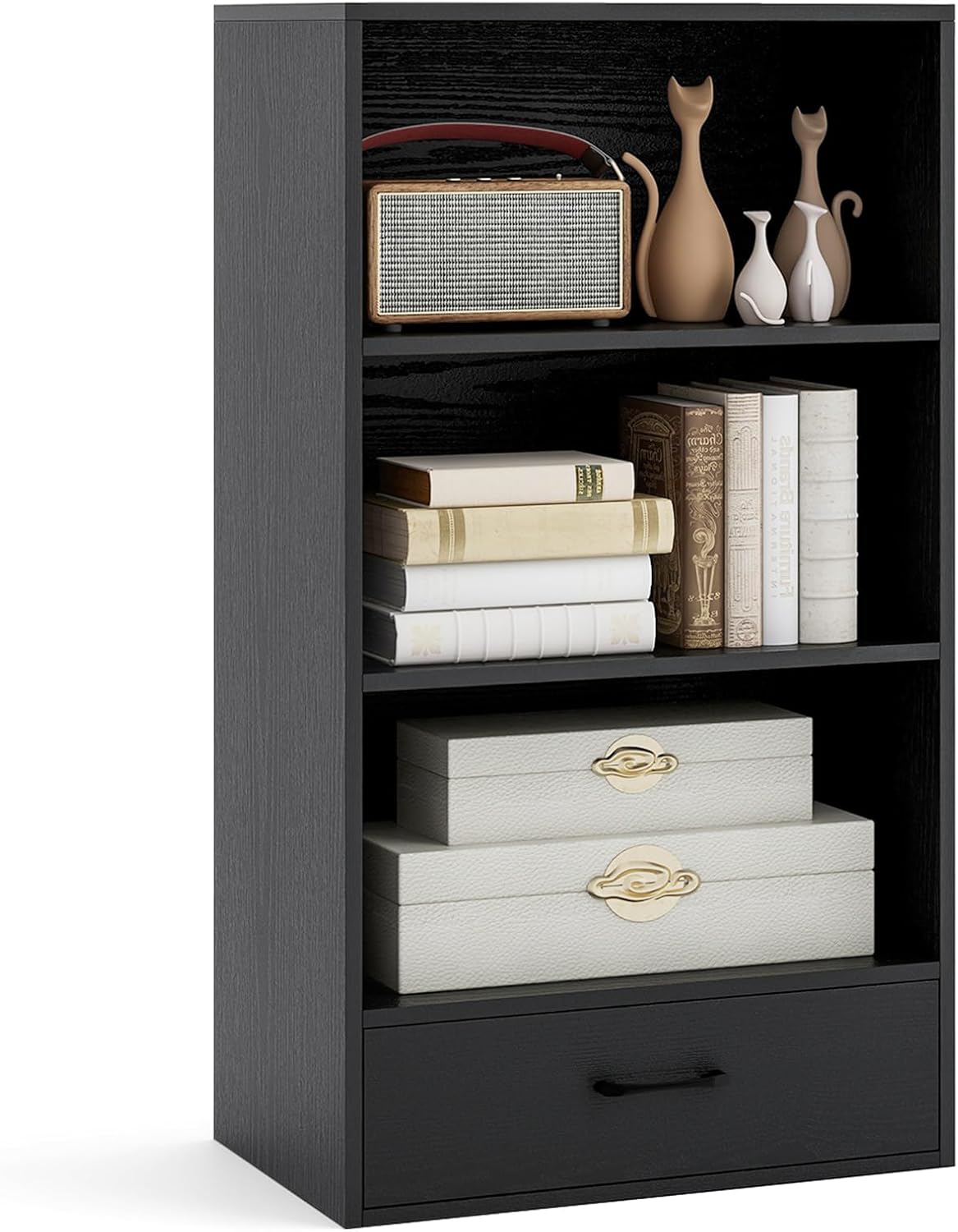 Giantex 4-Tier Bookcase with Drawer, Freestanding Bookshelf with 3 Open Shelves, Modern Display Shelf with Anti-Toppling Kits, Floor Storage Organizer for Living Room, Study, Home, Office (White)