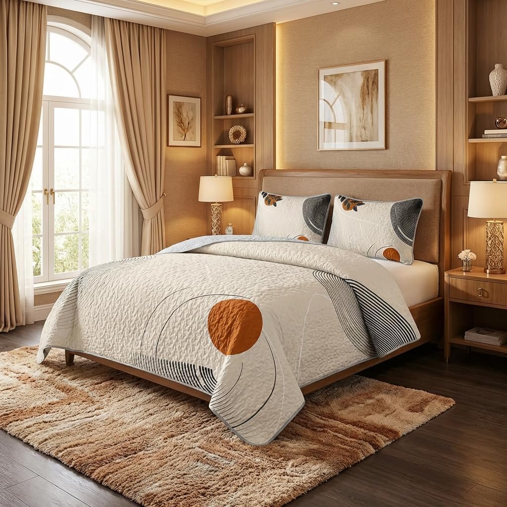 AILONEN Boho Mid Century Bedding Sets,Vintage Geometry Quilt Set Queen Size,Modern Minimalist Simplistic Bedspread Coverlet - Soft Lightweight 3Pcs 1 Quilt with 2 Pillowcases,Brown