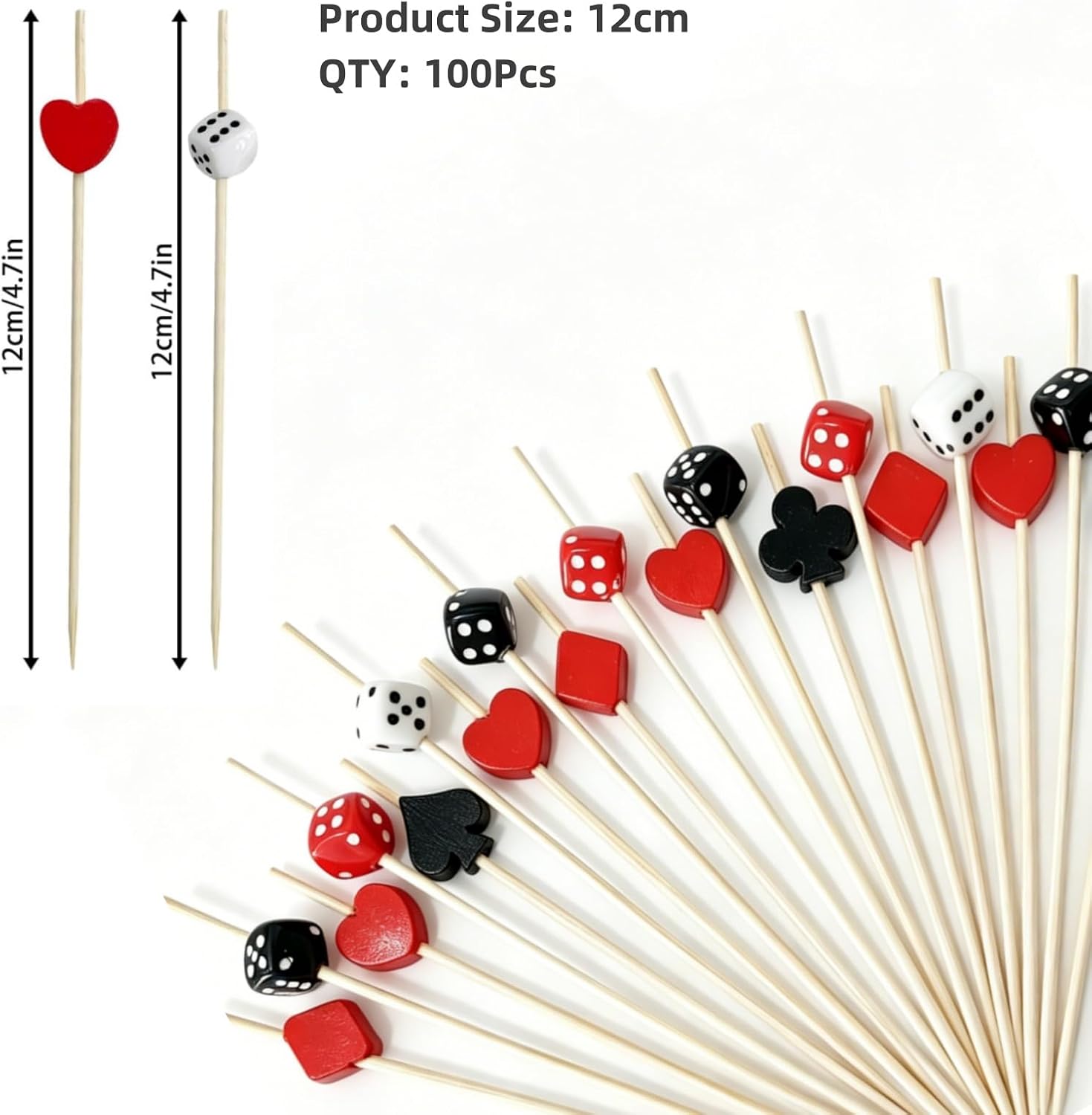100pcs Casino Poker Cocktail Picks Toothpicks, 4.7IN Bamboo Fruit Dessert with Club Dice, Disposable Drink Garnish Sticks for Martini Beverage Charcuterie Appetizer Las Vegas Night Party