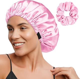 Satin Bonnet Silk Bonnet Adjustable Hair Bonnet for Sleeping Hair Bonnets for Women Curly Natural Hair (Pink One Size)