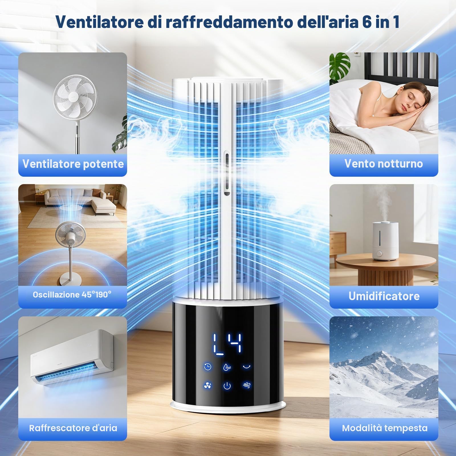 Climatizzatore portatile 6in1, umidificatore con 3 velocità, modalità Turbo, aria notturna, funzione nebbia e timer (1-8 ore), oscillazione 45°/90°, perfetto per casa e ufficio (Avorio)