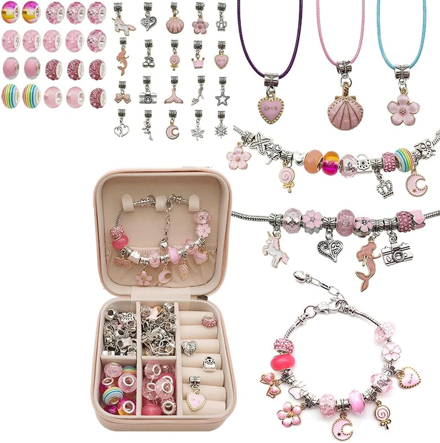 SYOSI Charm Bracelet Making Kit, SYOSI DIY Craft for Girls, Bracelet Beads, Girls Jewelry Making Kit Bracelet Kit For Kids, DIY Handicraft With Gift Box, Girls' Gift (Pink)