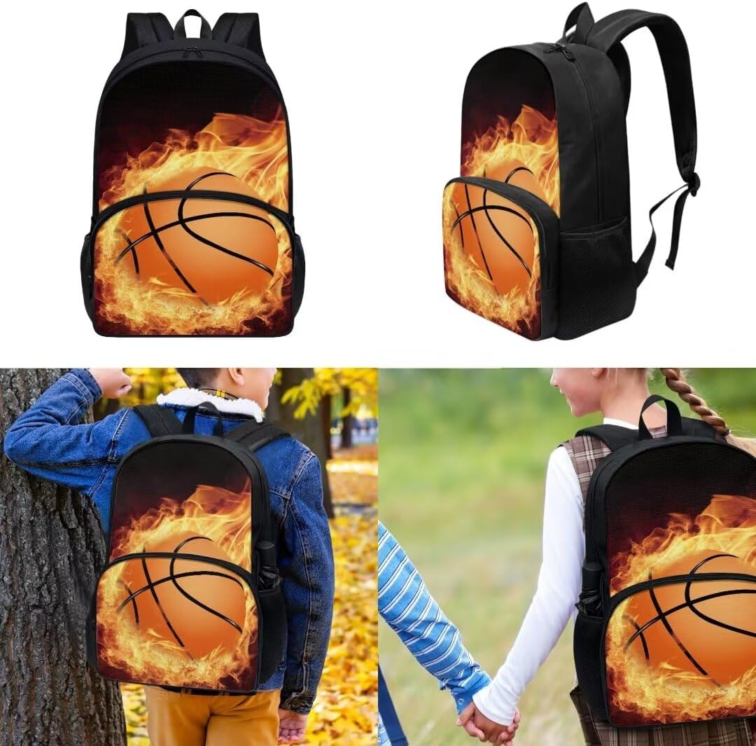 Coldinair Backpack Set for Boys with Lunch Box Pencil Bag Burning Basketball School Bookbag for Kids Teen with Lunch Box,17inch Student Daypack,Waterproof,Large Capacity