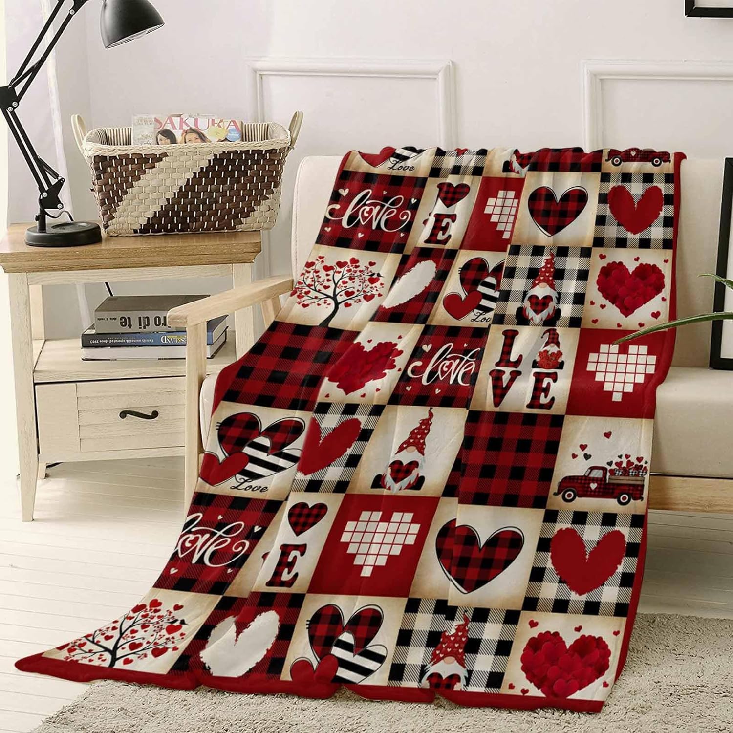 Vintage Buffalo Plaid Flannel Fleece Blankets,Valentines Romantic Gnome Love Luxury Comfort Soft Throw Blanket Mother's Day Retro Heart Checkered Cozy Warm Bed Throws for Sofa Couch Chair 60x80In