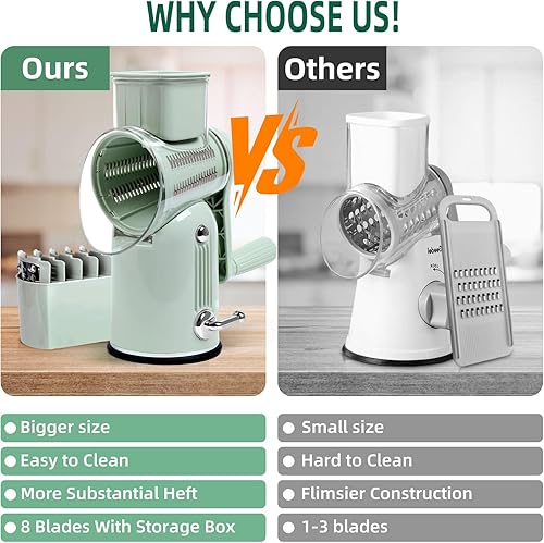 Miniatura 5 de Rallador rotativo de queso con asa, triturador de verduras con 5 cuchillas reemplazables y base de succión fuerte, rebanador redondo de alimentos y