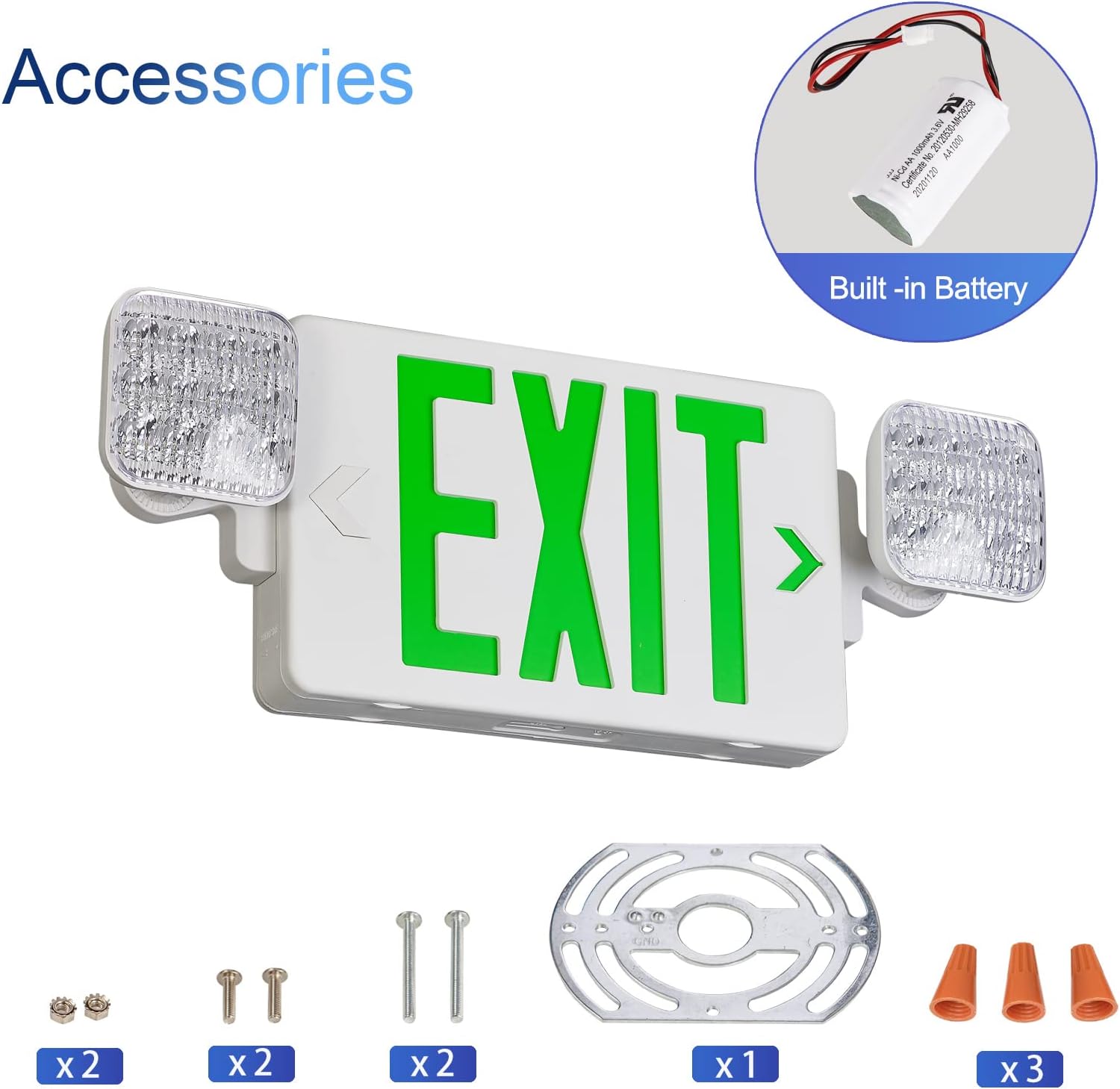 TANLUX Green Exit Sign with Emergency Lights, 1.0 Meter Plug in Exit Sign with Battery Backup Lights for Business, Commerical Emergency Lighting Combo, UL Listed, AC 120V, Double Face, 1 Pack