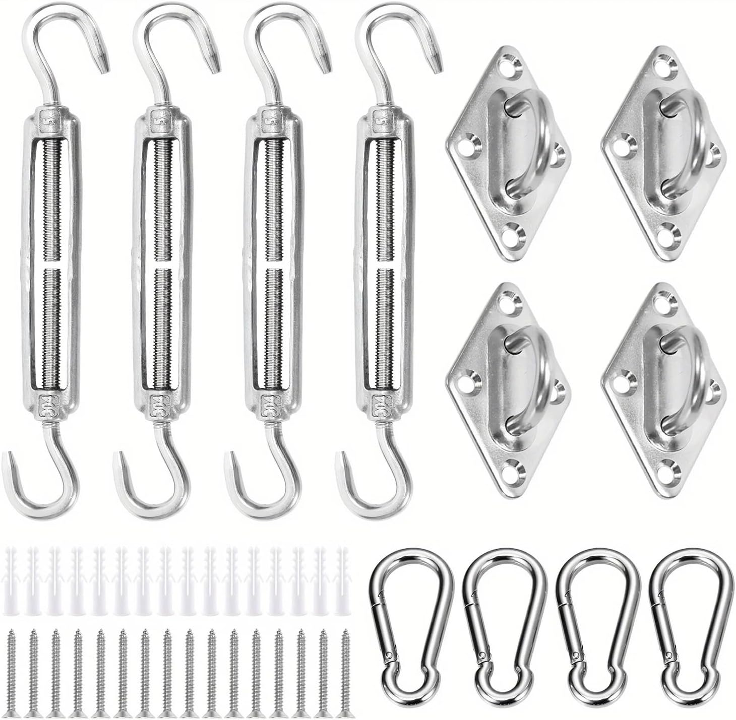 Shade Sail Hardware Kit Awning Attachment Set, Heavy Duty Sun Shade Sail Stainless Steel Hardware Kit for Garden Triangle and Square, Rectangle(G3537C 44pcs 1set)