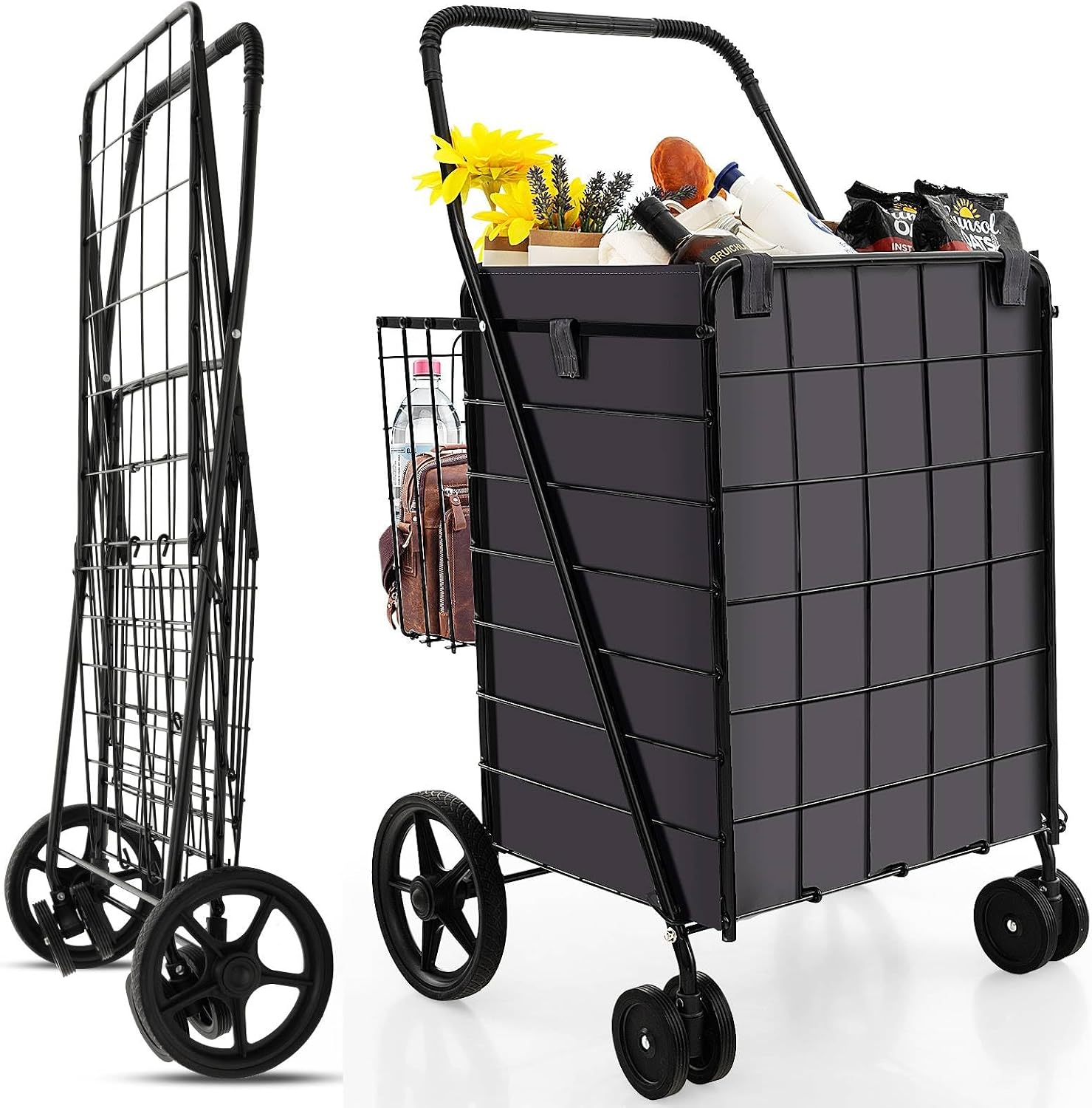 Push Back Empty Trolley COSTWAY 120L Folding Shopping Trolley on 6 Wheels, Metal Utility Push ...