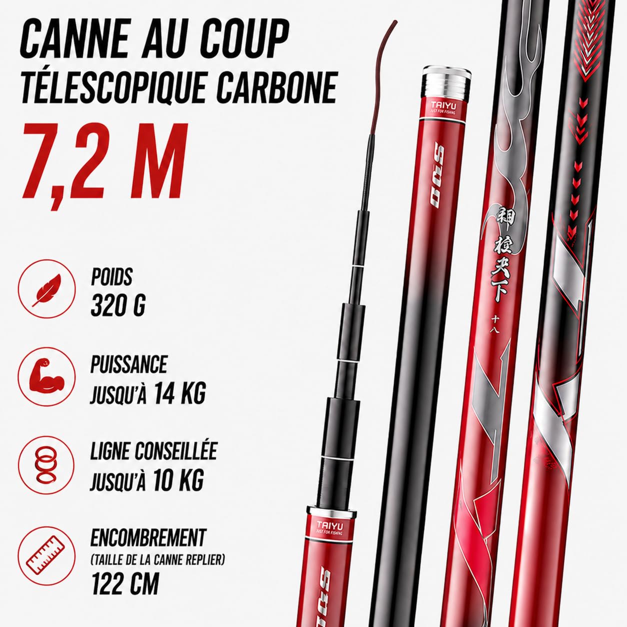 Canne à pêche au Coup Chinoise télescopique Carbone 7,2 m 320 g Puissance 14 kg Carpe Eau Douce