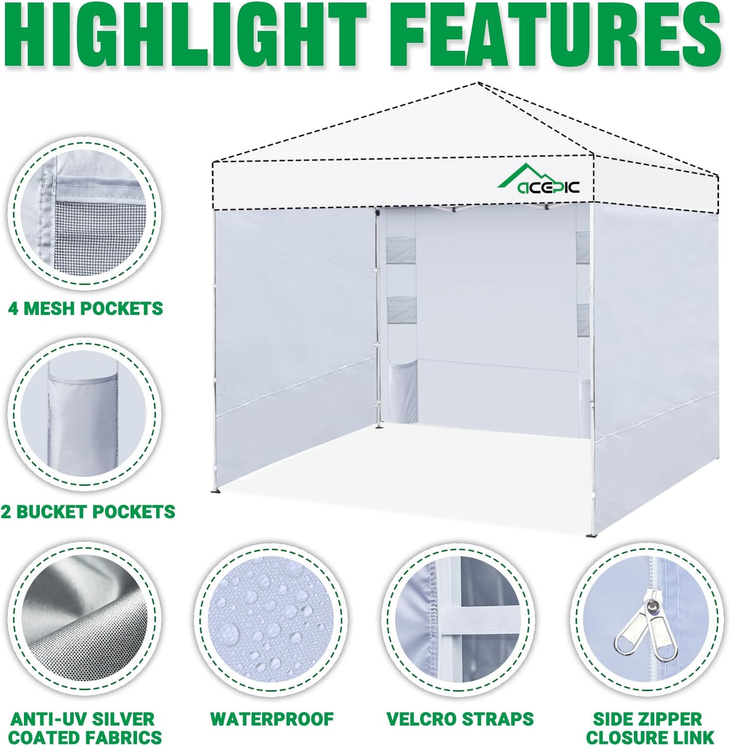 Instant Canopy Sidewalls 10x10 FT for Pop Up Canopy, Waterproof and UV Protection, 300D Polyester Canopy Walls with 6 Pockets, White/Silver(3PCS Sidewall Only, Canopy Tent NOT Included)