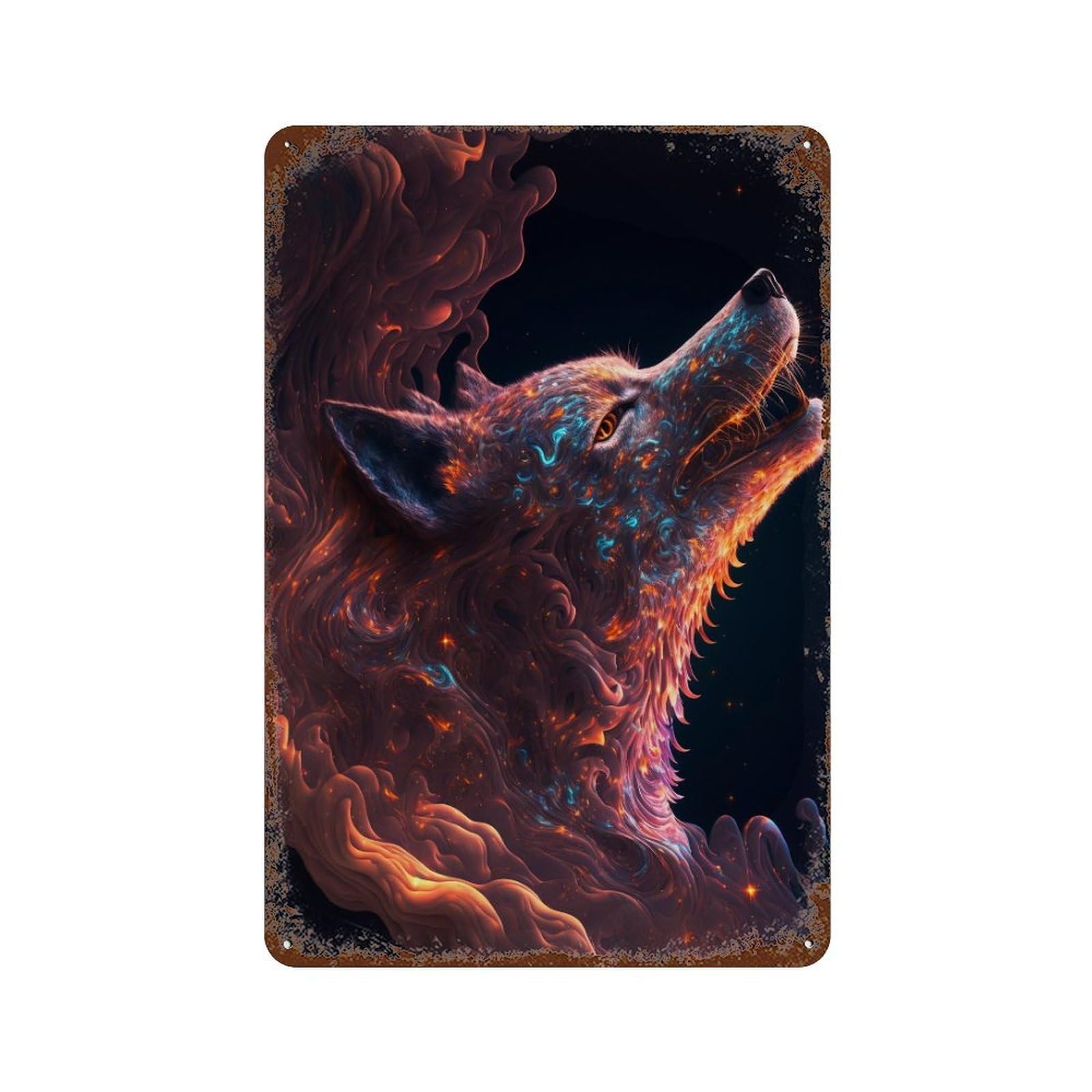 Weathered Tin Sign Flaming Wolf Art Print -5 11.8"x7.9", Rustic Home Decor for Basement, Hobby Room And Garage Decor
