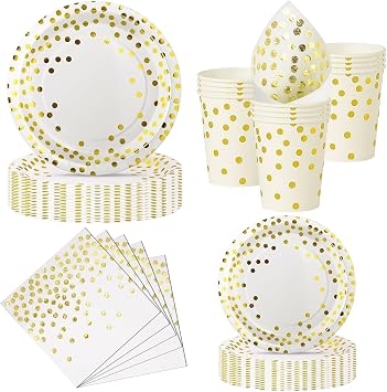 Nkaiso Disposable Plates and Cups, 50 Pieces White Gold Party Tableware, 10 x 23 cm & 10 x 18 cm Cardboard Plates, 10 Cups, 20 Napkins   for Weddings, Birthdays, Events -10 Guests