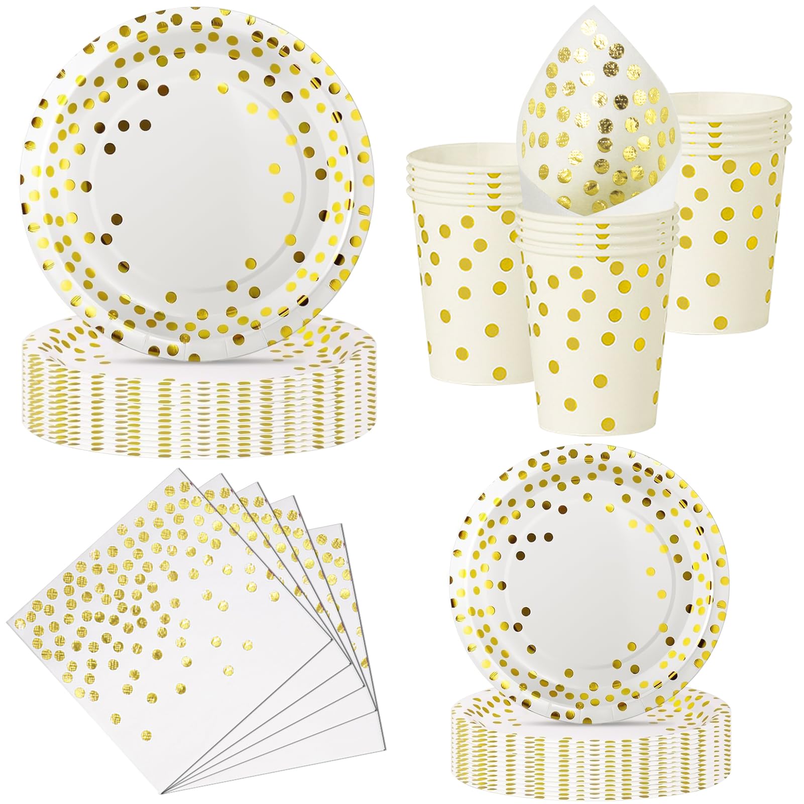 Nkaiso 50 Pcs White Gold Paper Plates and Napkins Set for 10