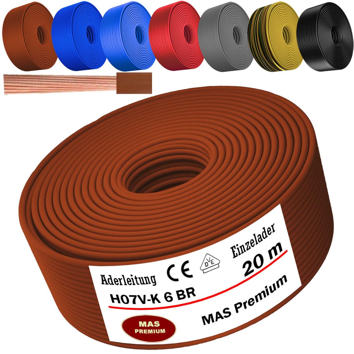 MAS Premium Cable de 5 a 100 m H07 V-K 6 mm² negro, marrón, azul oscuro, amarillo verdoso, gris, rojo, naranja o azul claro, cable individual flexible (marrón, 20 m)