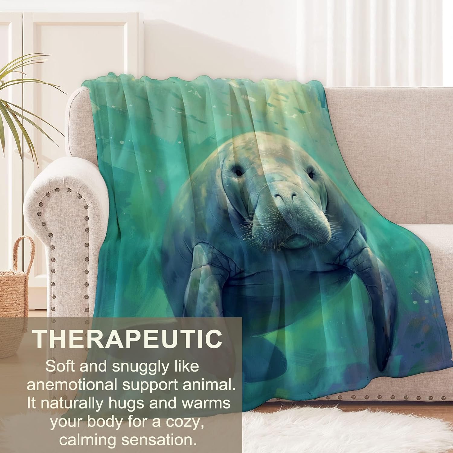 Manatee Blanket for Kids Adults, Flannel Manatee Blankets Gifts, Underwater Sea Cow Throw Blanket for Sofa Couch Bed Living Room Soft Warm Cozy Manatee Decor 60" x 50" - Image 3