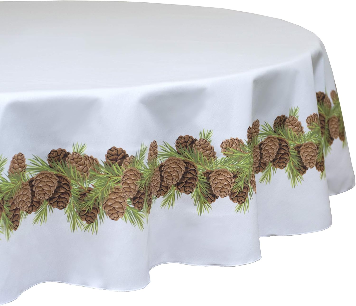 Fabric Textile Products Round Tablecloth, 100% Milliken Polyester, Machine Washable, 90" Round, Natural Pinecones Border Garland