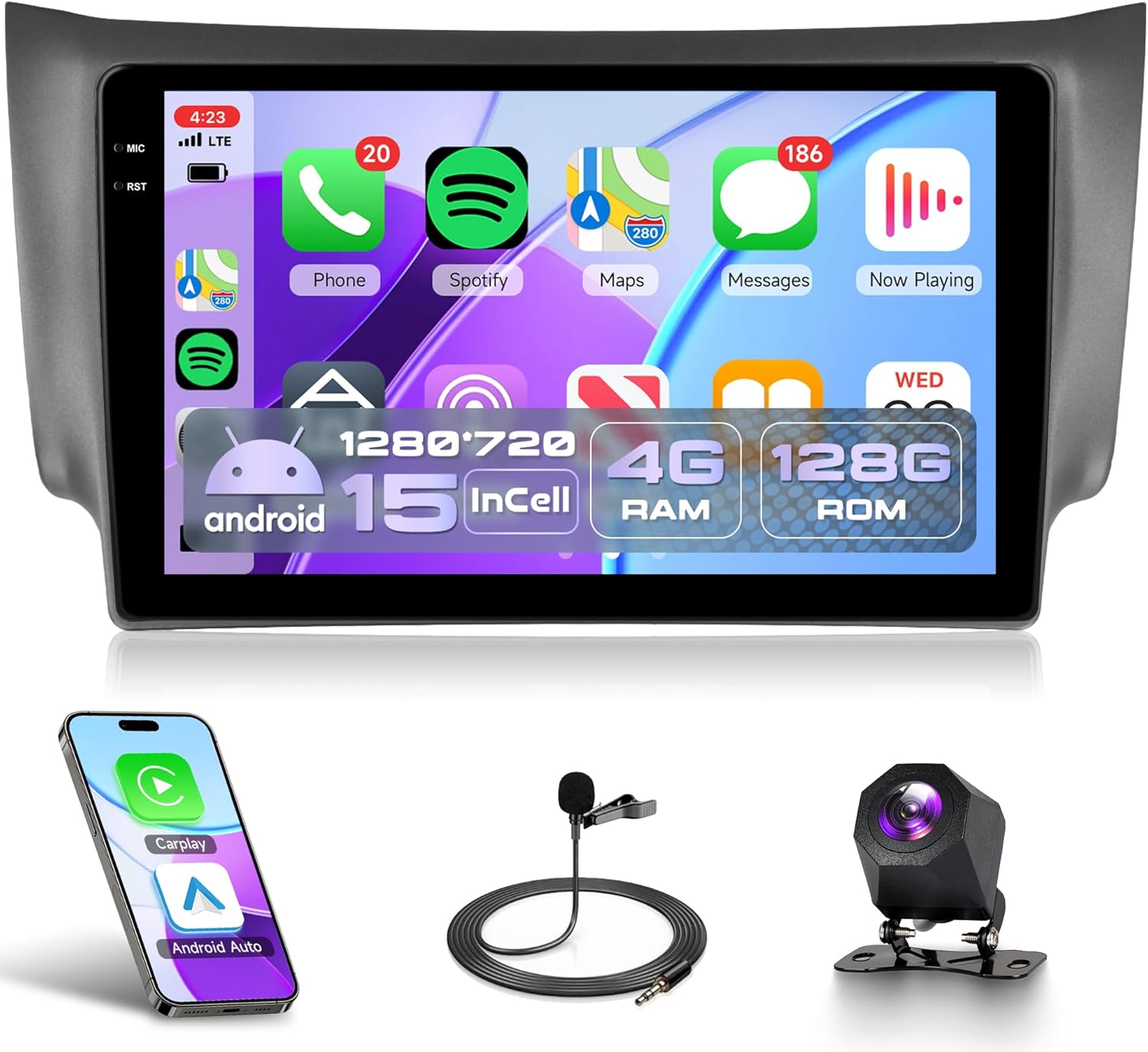 4Core 4G+128G Android 15 Car Radio for Nissan Sentra Sylphy B17 2013-2017, Rimoody Wireless Carplay Andorid auto Mirror Link 10'' INCELL Touchscreen GPS WiFi Bluetooth 5.0 FM/RDS EQ Backup Camera