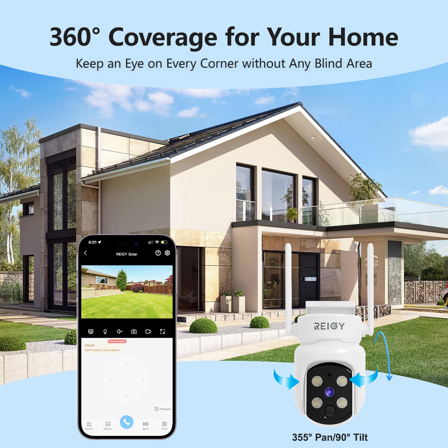 REIGY 4MP Kit Camara de Vigilancia WiFi Exterior/Interior Solar con Tarjeta SD de 64GB, 10CH Sistema Camara Seguridad sin Cable, 2X 360° PT Camera Visión Nocturna, Detección Movimiento, Audio 2 Vias