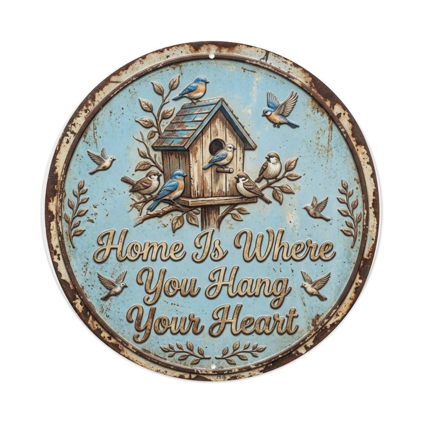 Birdhouse Welcome Porch Metal Tin Sign Plaque Wall Decor for Cafe, Club Bar, Office, Home Garden Round Metal Poster 8x8Inch