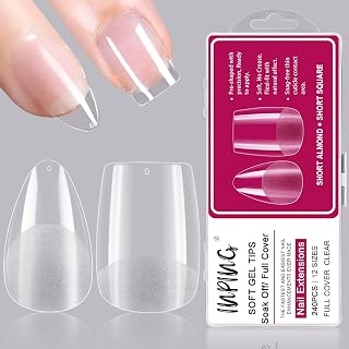 INPING Soft Gel Full Cover Nail Tips, 240PCS 12 Sizes Short Nail Tips, French Acrylic Fake Nails Pre-Shaped Mix Artificial Clear Gel Extensions with Box for Manicure Salons Nail Art, ALMOND & SQUARE