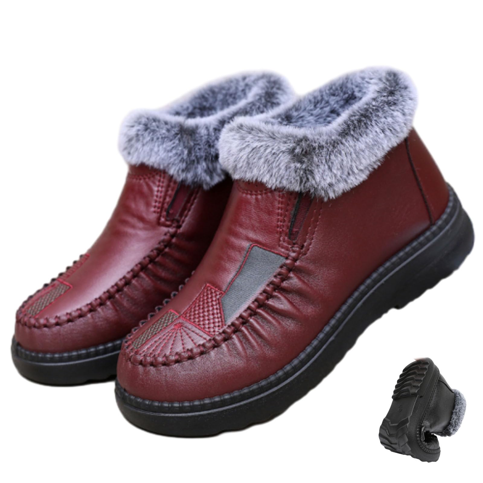 Womens Fleece Thickened Flat Warm Short Boots Soft Slip on Cotton Shoes Winter Insulated Ankle Booties of Elderly