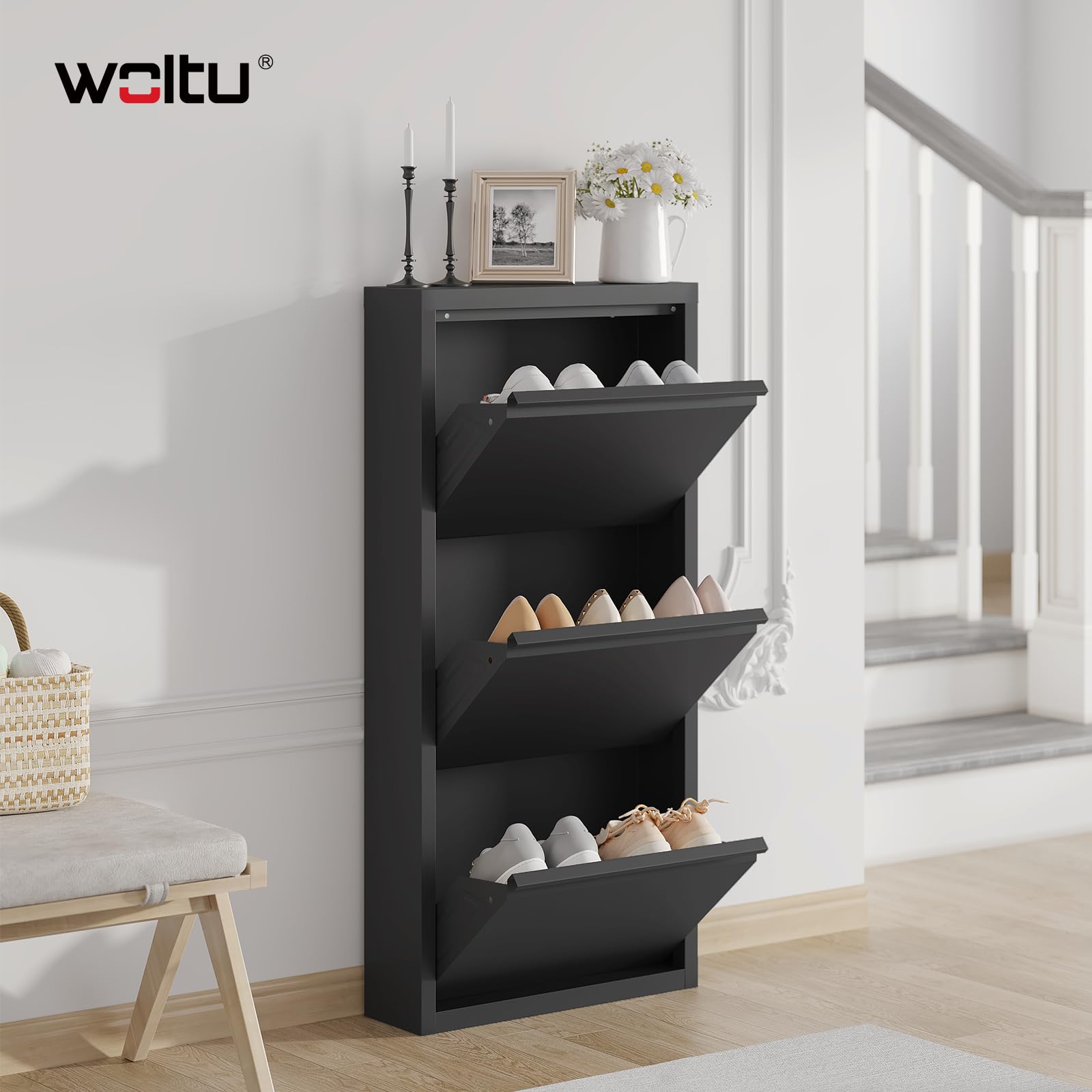 WOLTU Schuhschrank, mit 3 Klappen, Schuhregal, Schuhkipper, für 6-9 Paar Schuhe, aus Metall, für Flur Wohnzimmer, 50x106x15 cm, Schwarz