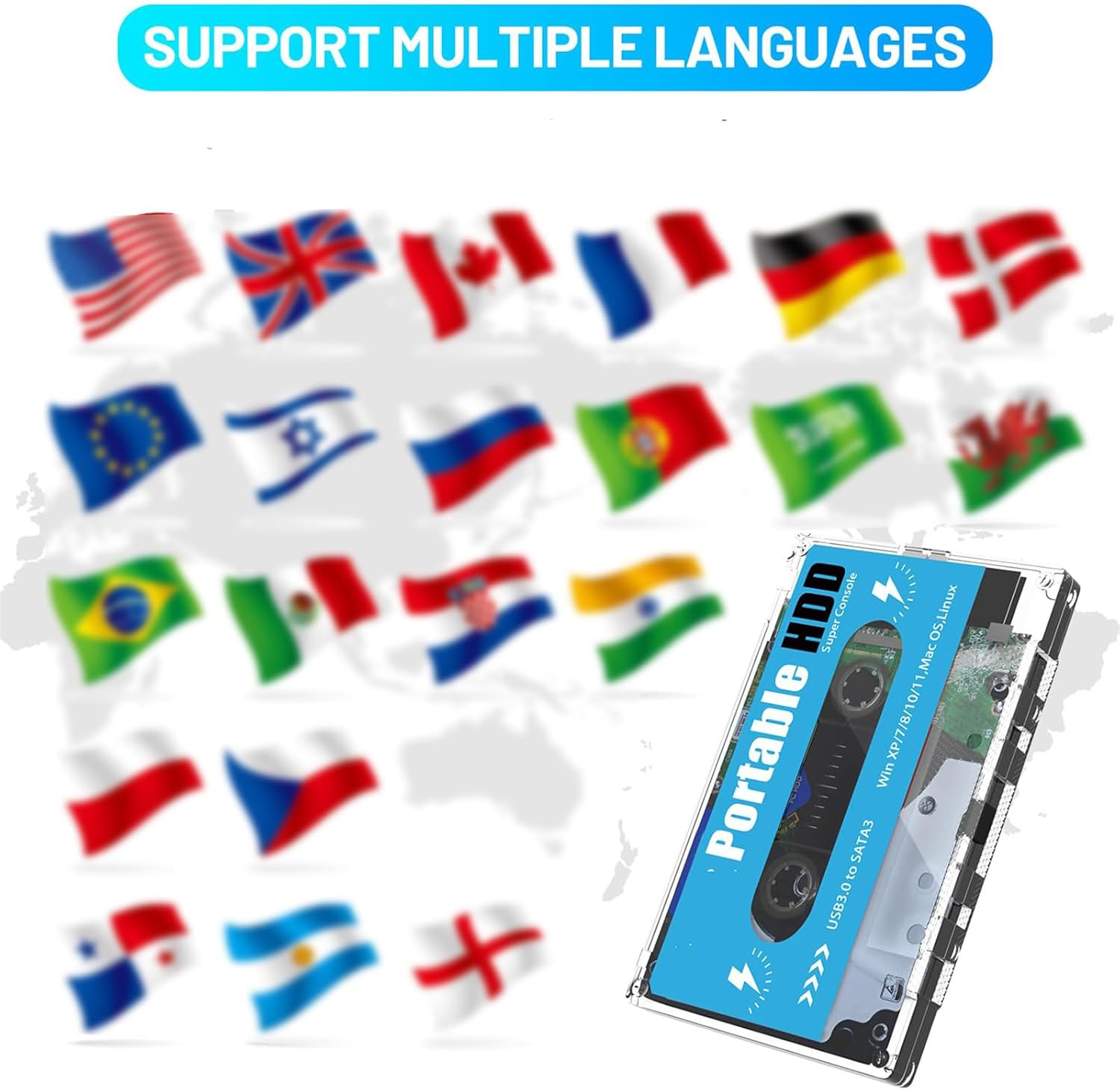 Portable HDD with flags of multiple countries, indicating multi-language support
