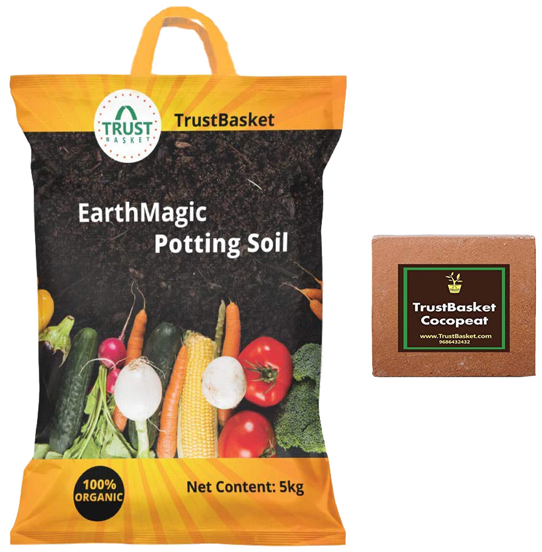 TrustBasket Enriched Organic Earth Magic Potting Soil Fertilizer for Plants, 5 Kg & Cocopeat Block - Expands to 75 litres of Coco Peat Powder,Brown Combo