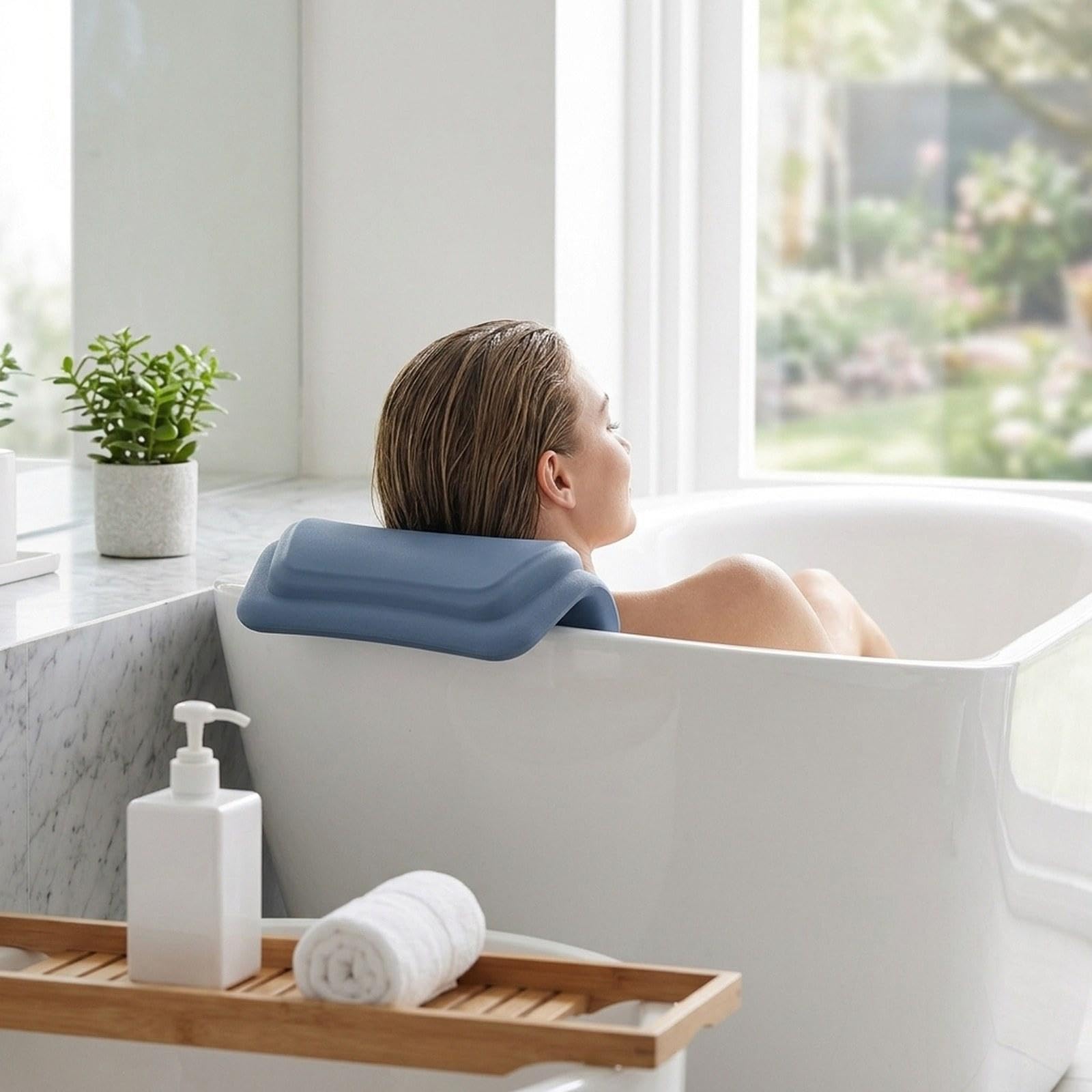 Cuscino Vasca Da Bagno Ergonomico Poggiacollo Morbido PU Accessorio Vasca con Ventose Sostegno Testa Adatto per Spa Casa Relax, Blu