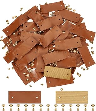 FINGERINSPIRE 50 Sets PU Leather Blank Tags 2x0.8inch Chocolate Color Rectangle Blank Leather Labels with Rivets Handmade Leather Label Embellishment Crochet Tags for Clothing Hat Scarves 0.8mm Thick