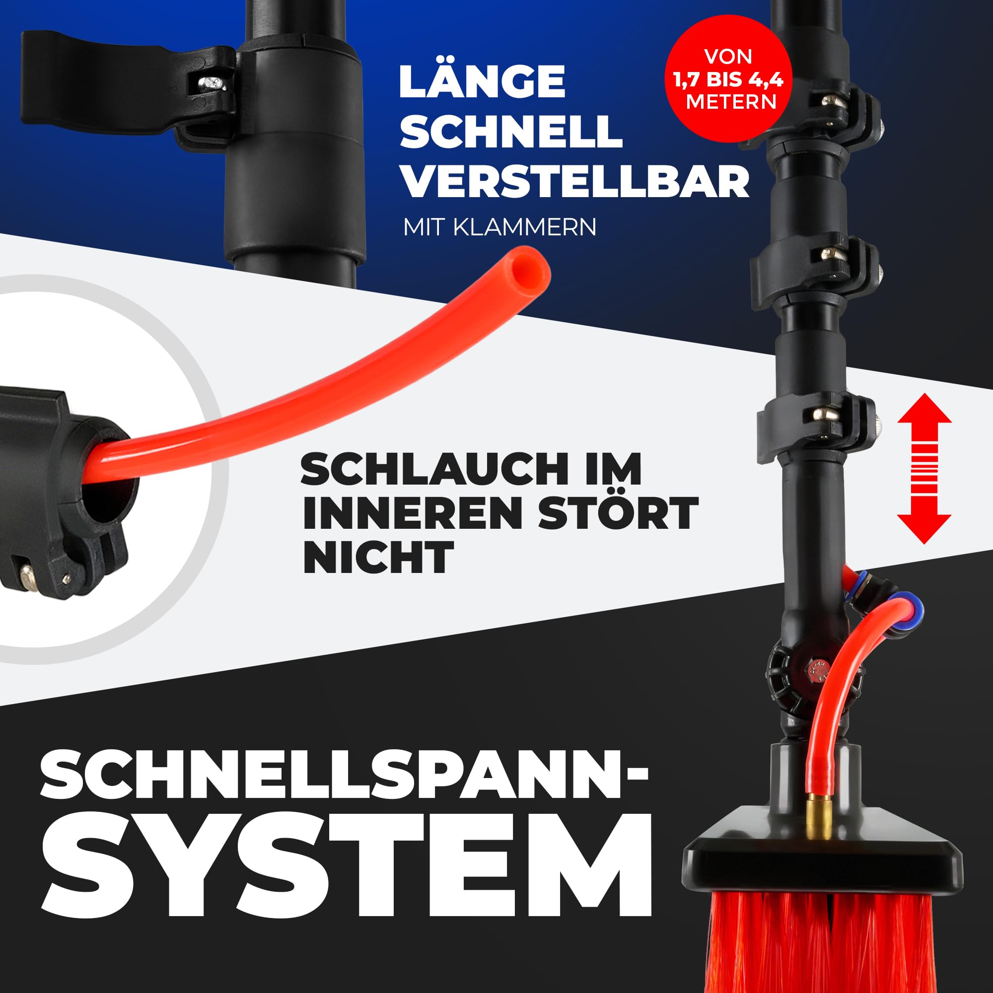 Teleskop Waschbürste mit Wasseranschluss [4,4m Teleskopstiel] – Teleskopstange für Fensterreinigung | Teleskopbesen-Fensterwischer, Dachrinnenreiniger Reinigungsset (Schwarz Rot, 4,4 Meter)