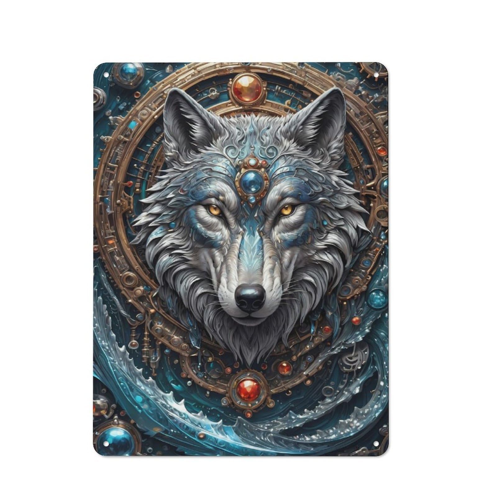 Junmoney Wolf Metal Waves Tin Wall Plaque With Design 40X30cm, Farmhouse Rustic Kitchen Decor For Dining Room, Cafe, Entryway Or Family Room