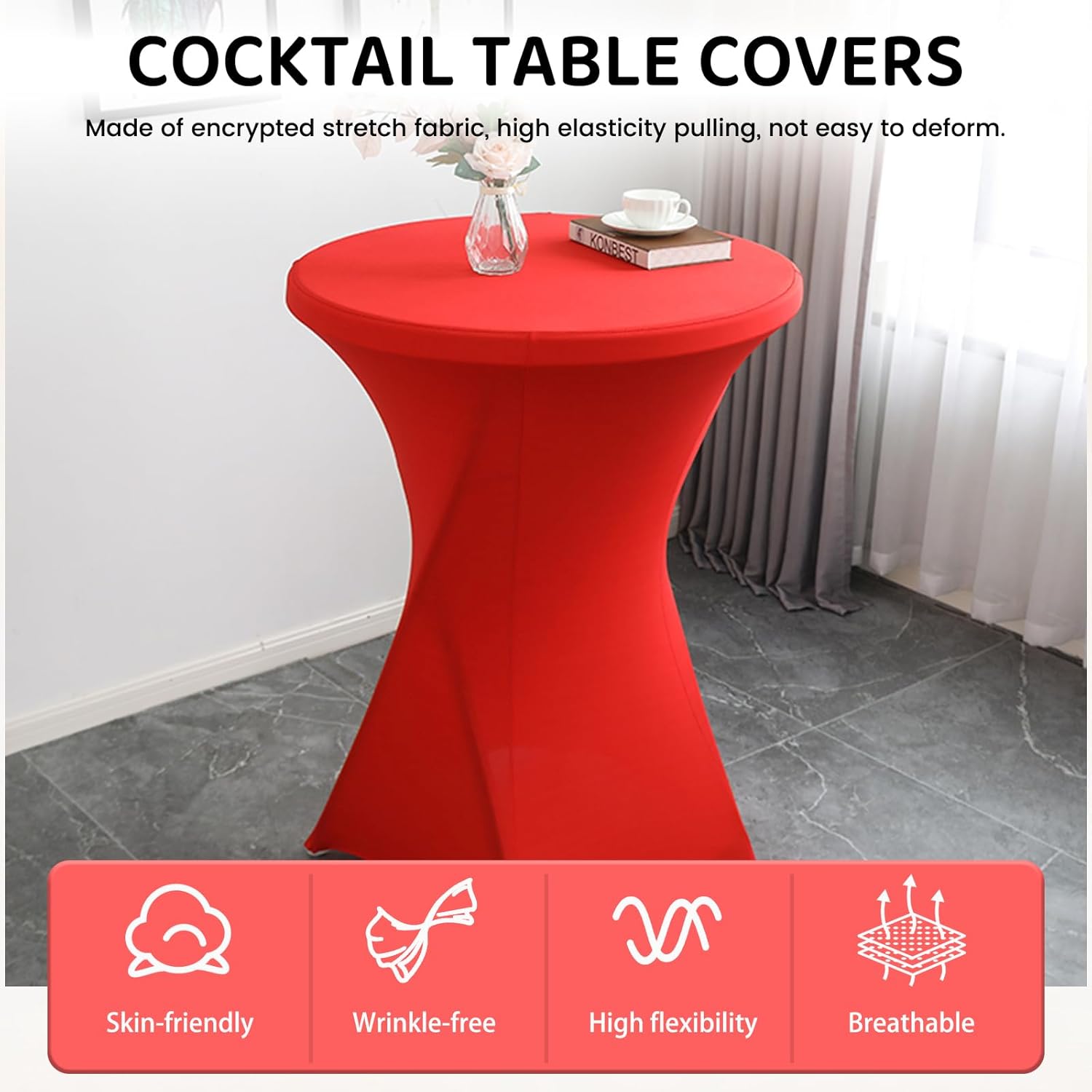 Qubjus Cocktail Table Covers Stretch Spandex 2 Pack Tablecloth 32"x43" Cocktail Round Tablecloth for Party Wedding Birthday Banquet, Red