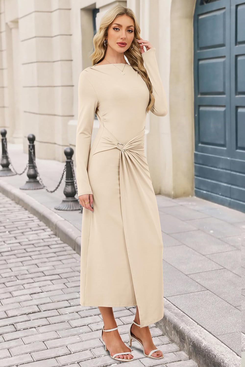 Women's Long Sleeve Wedding Guest Dress 2026 Spring Elegant Bodycon Boat Neck Formal Cocktail Party Midi Dresses - Image 5